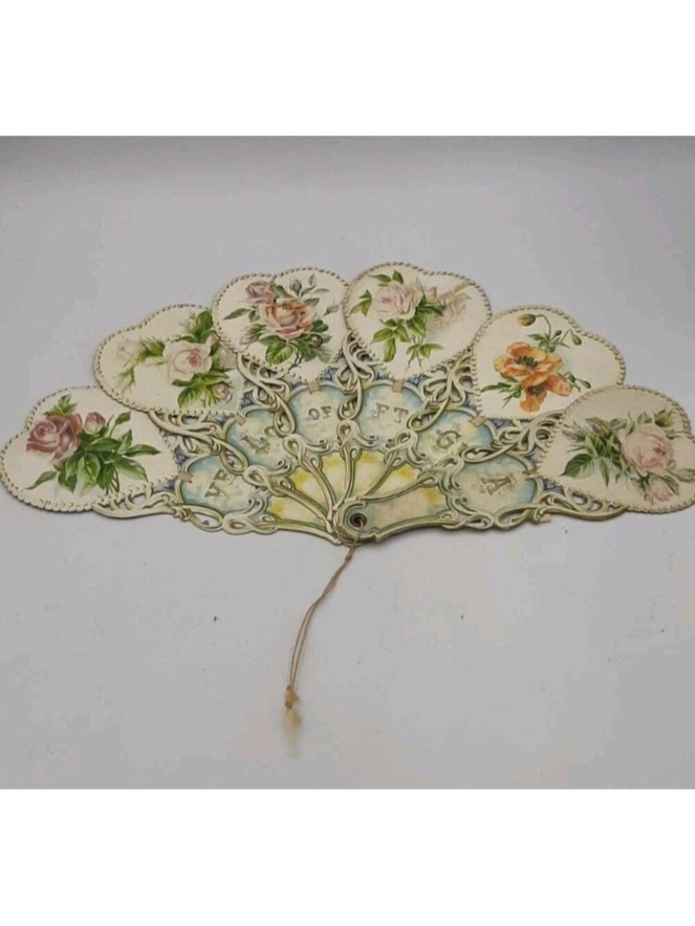 Antique Die Cut Lovers Hand Fan Decorative Floral Dated February 14th 1909